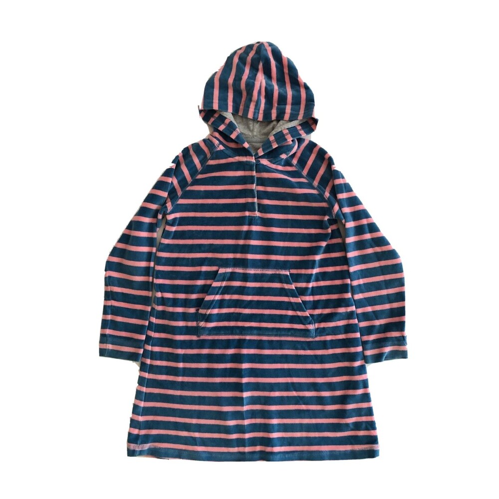 Mini Boden Girls Dress 7 8 Teal Pink Striped Velour Hooded